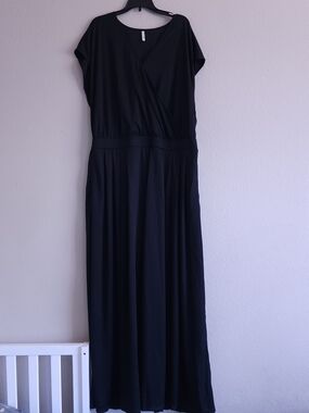 HALARA Black Ribbed Short Sleeve Wrap Wide Leg Jumpsuit with Pockets Plus Size 1
